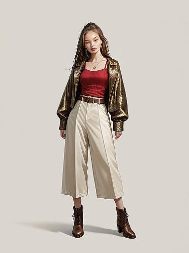 Woman in Casual Chic Outfit with Red Ribbed Top and Metallic Bronze Jacket Full Body Shot