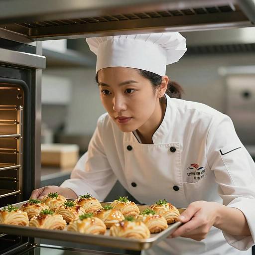 Woman Chef Baking Fresh Pastries in Professional Kitchen