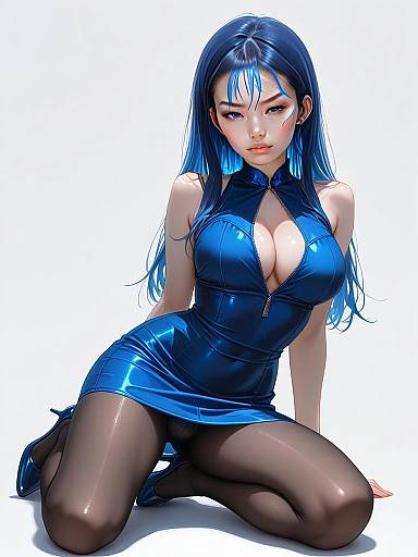 Realistic Woman in Sleek Blue Bodycon Dress Full Body Shot