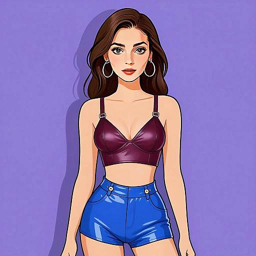 Stylish Woman in Leather Bralette and Blue Shorts Digital Illustration