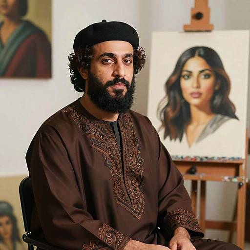Man in Traditional Attire Sitting in Art Studio with Woman Portrait Painting