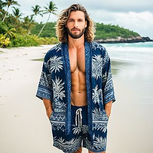 Confident Man in Beach Robe on Tropical Shoreline
