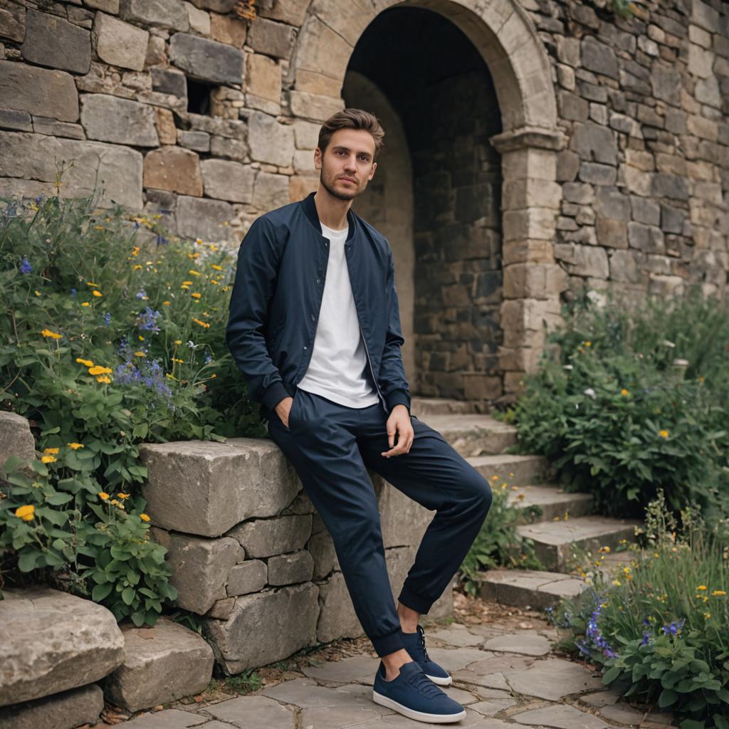 Stylish Man Against Ancient Wall with Greenery