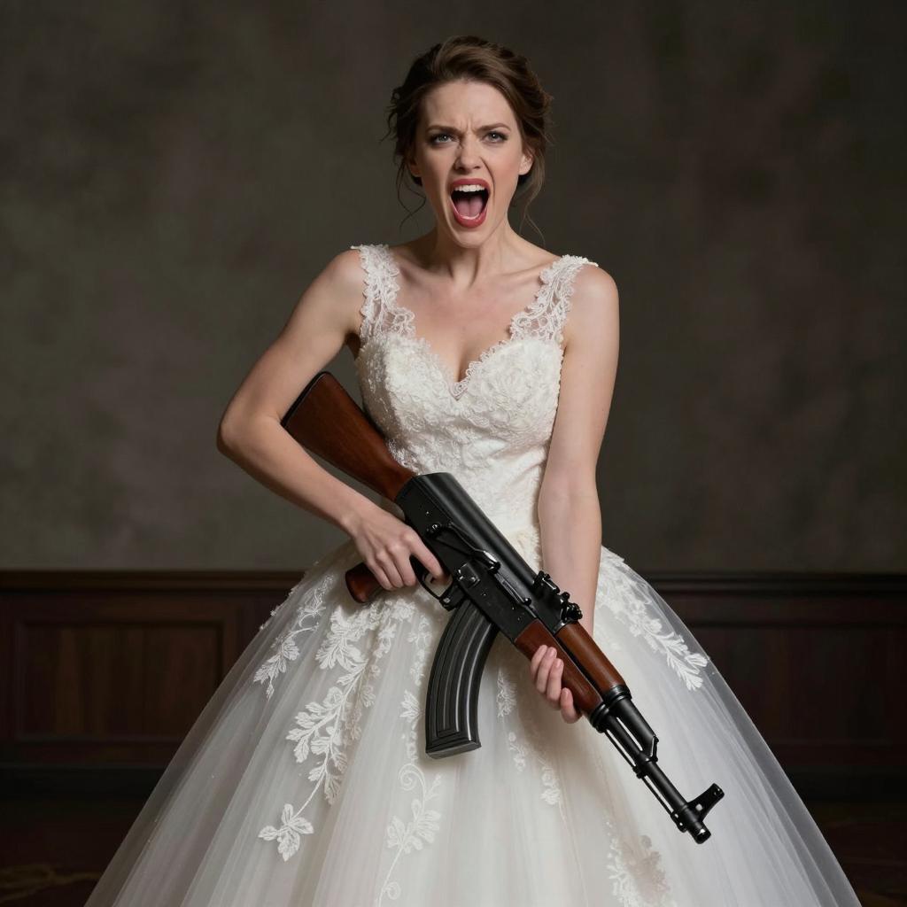 Woman in Wedding Dress Holding Assault Rifle Dramatically