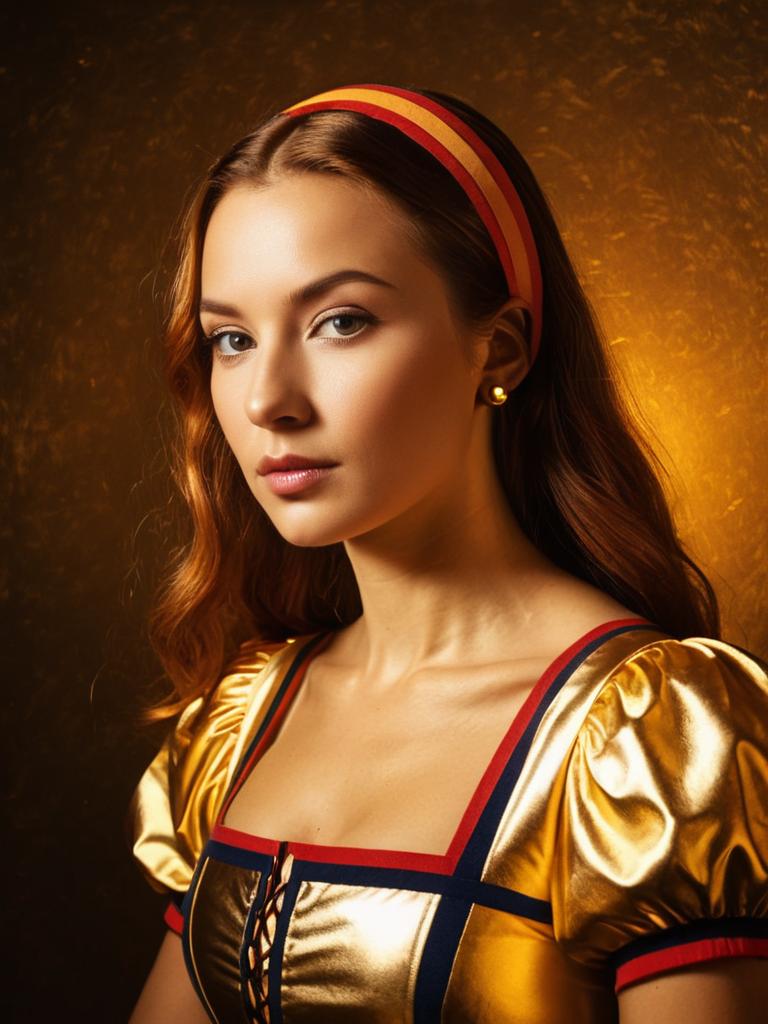 Woman in Golden Vintage-Inspired Costume with Striped Headband