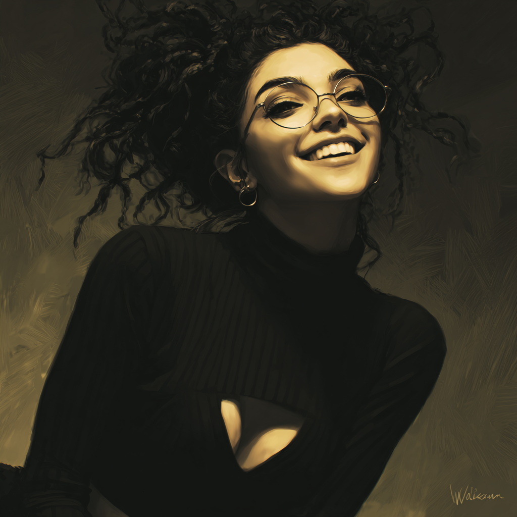 Stylized Portrait of Smiling Woman with Curly Hair and Glasses