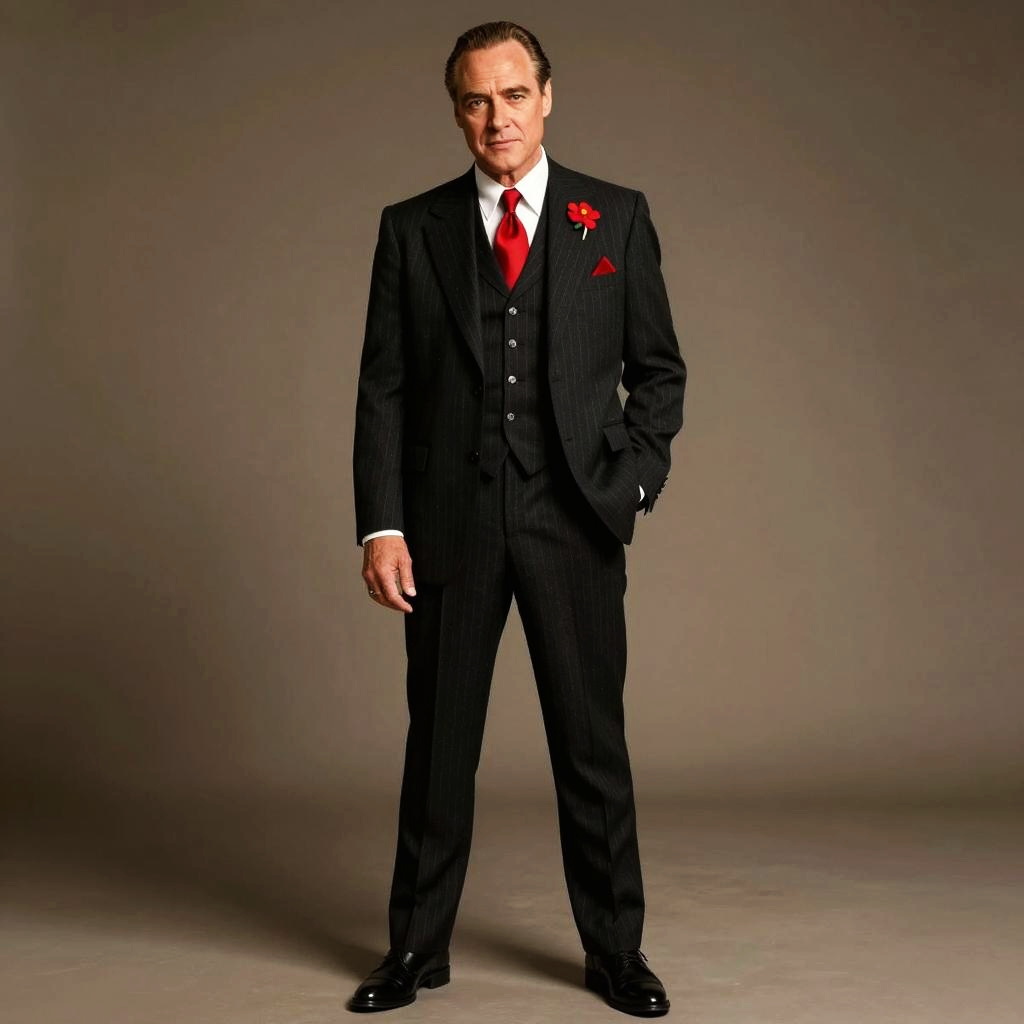 Elegant Man in Black Pinstripe Three-Piece Suit with Red Tie and Flower Lapel