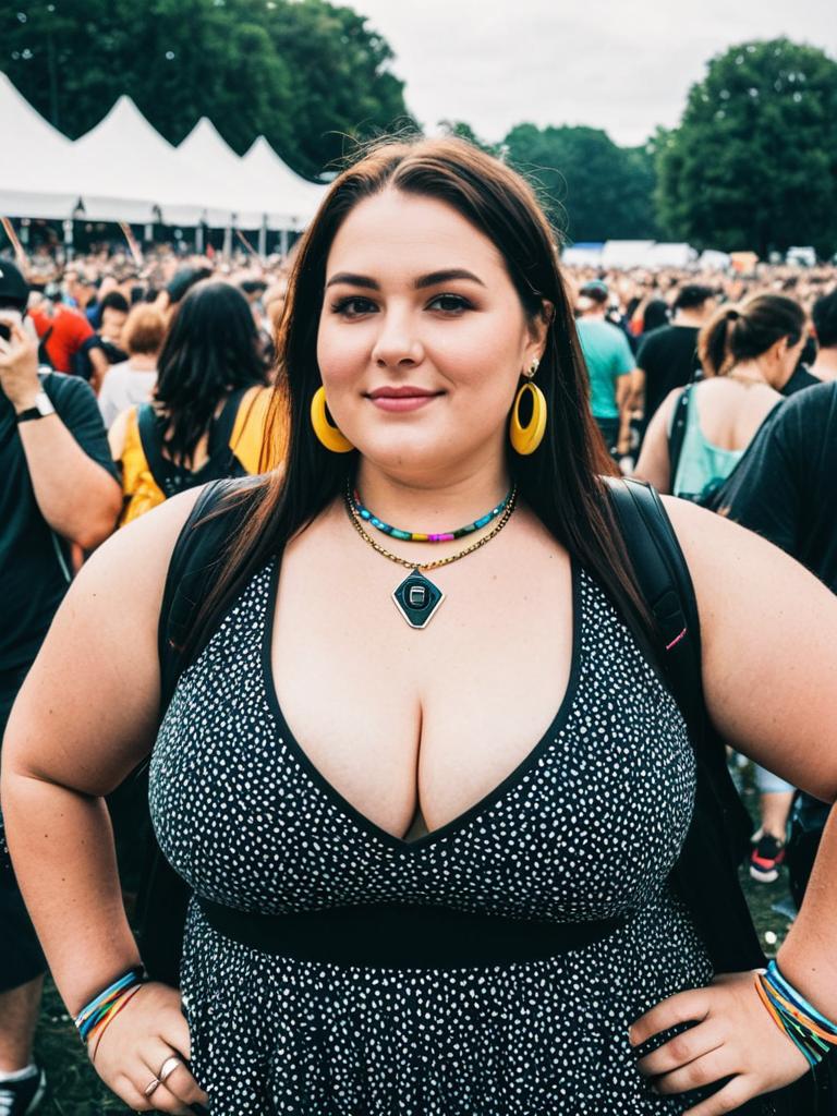 Plus Size Woman in Polka Dot EDM Festival Outfit with Yellow Hoop Earrings