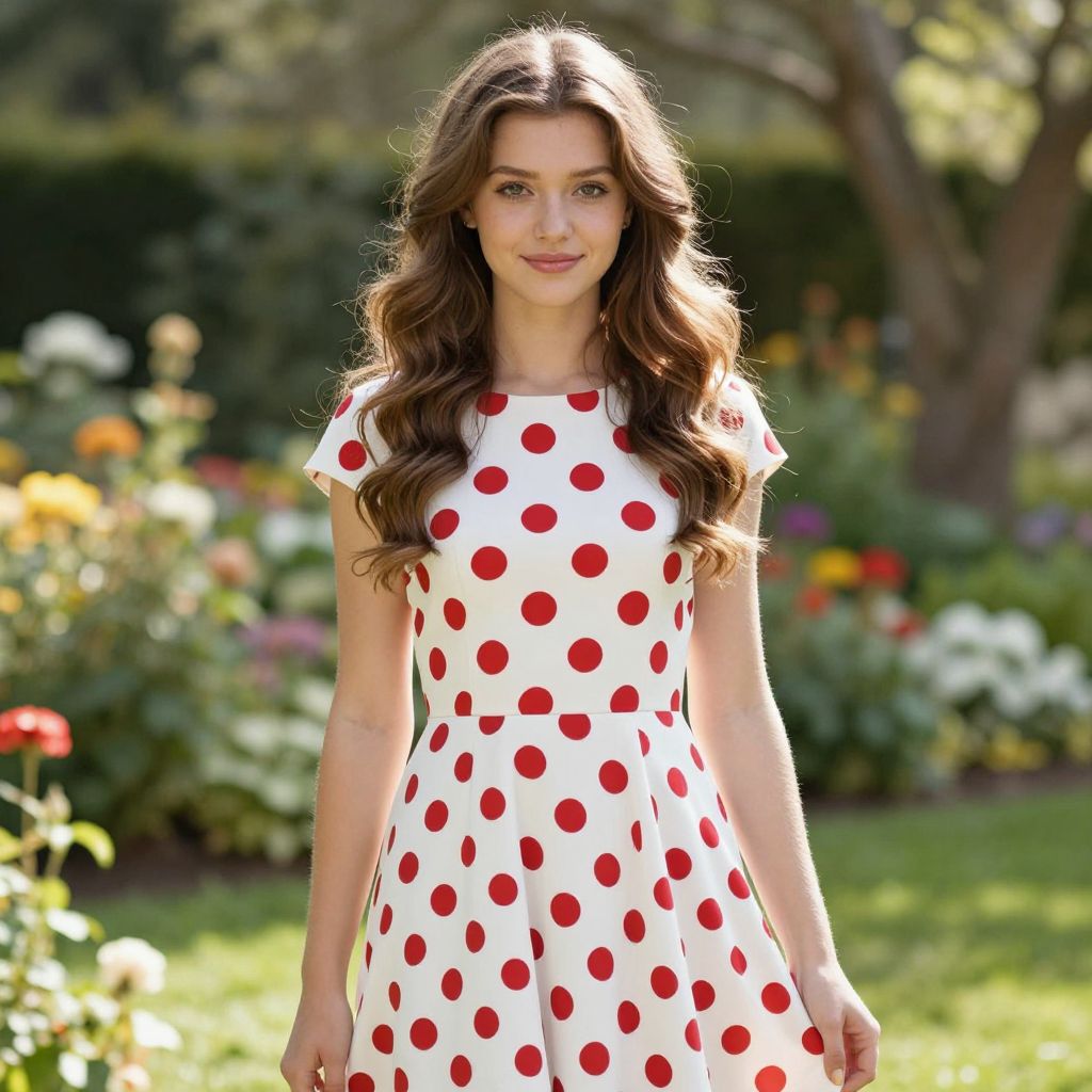 Young Woman in White Polka Dot Dress Standing in Flower Garden