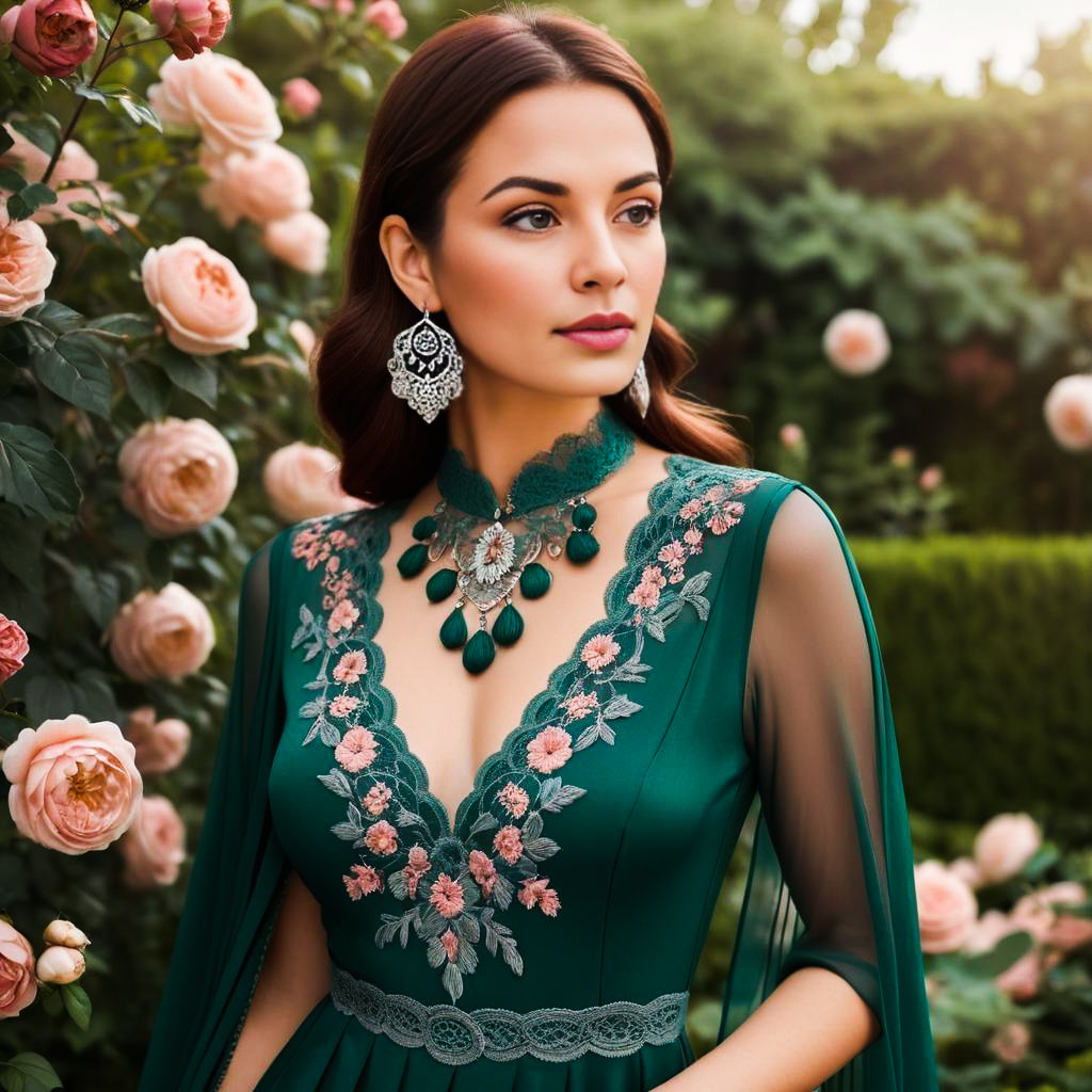 Elegant Woman in Green Gown Surrounded by Roses