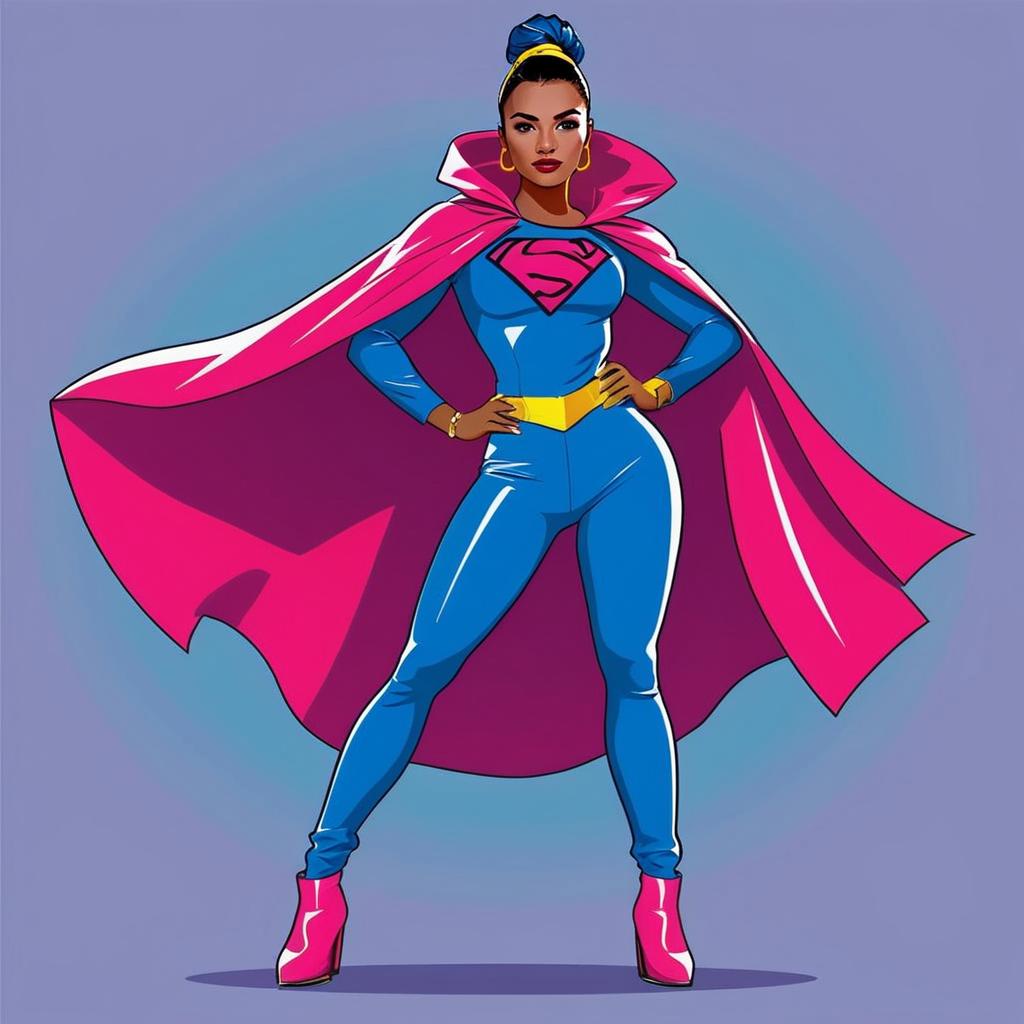 Confident Female Superhero in Blue and Pink Costume