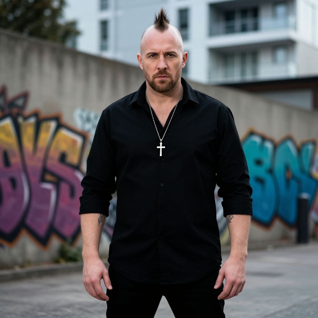 Confident Man with Mohawk and Cross Necklace in Urban Graffiti Setting