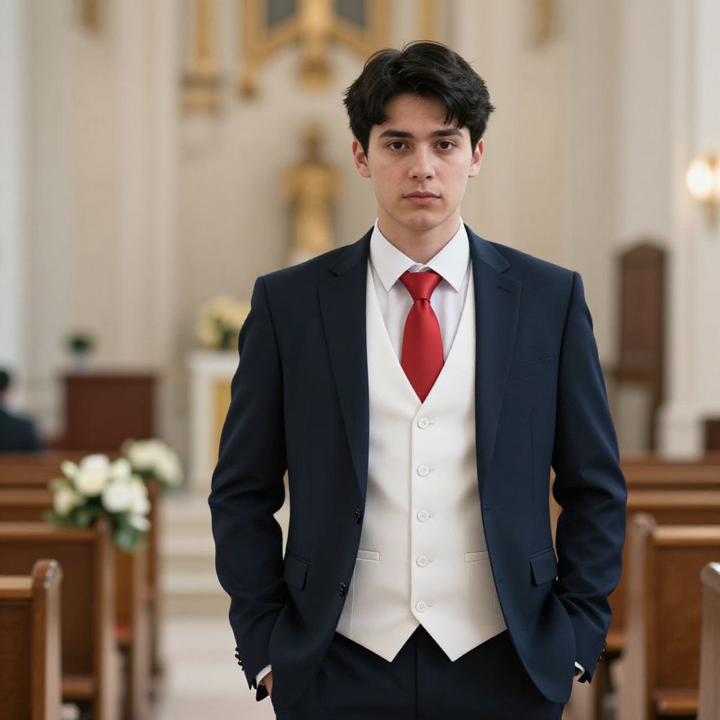 Young Man in Navy Suit and Red Tie Standing in Church Interior