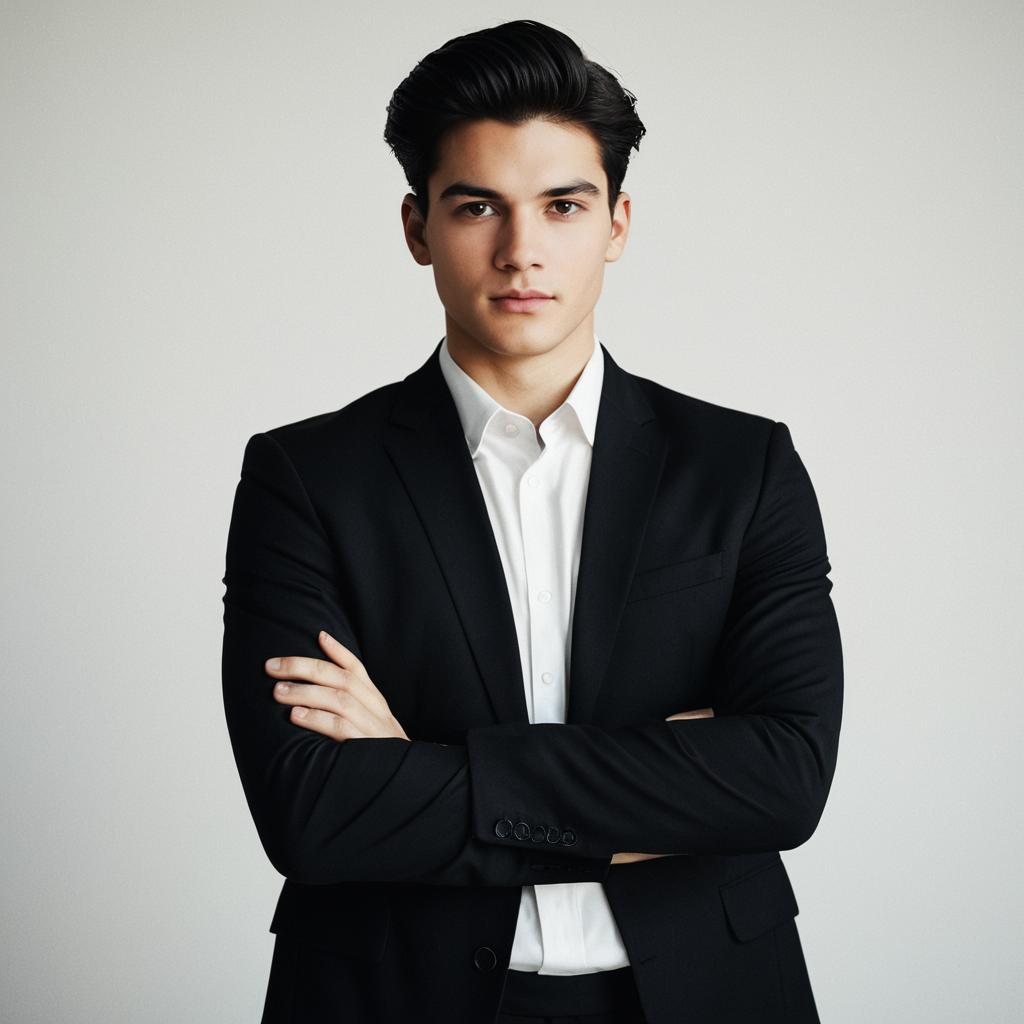 Confident Young Man in Black Suit Standing with Arms Crossed