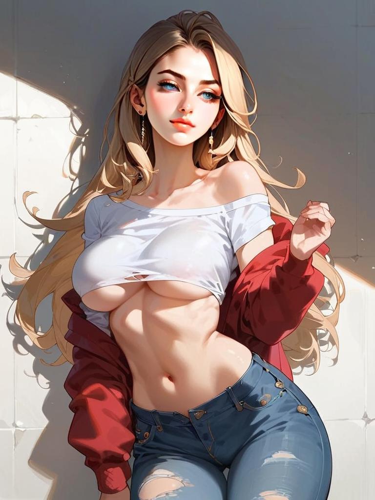 Stylish Blonde Woman in Ripped Jeans and White Cropped Top - Anime Art Illustration
