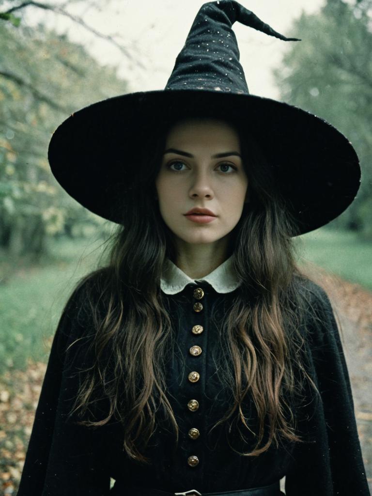 Woman in Traditional Witch Costume with Black Pointed Hat Outdoors