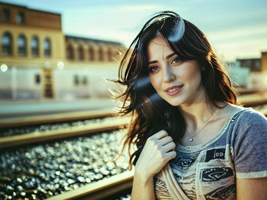 Woman by Train Tracks in Warm Sunlight