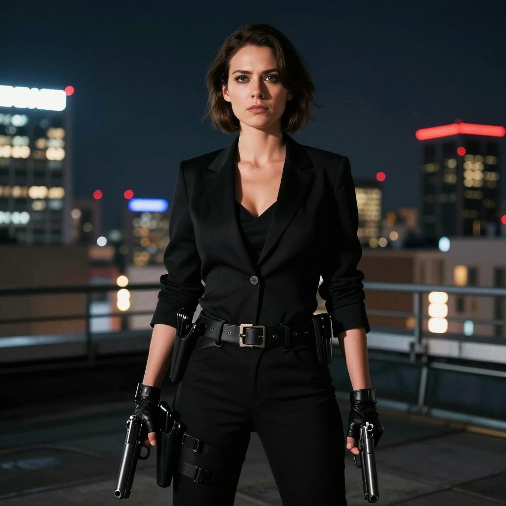 Confident Woman in Black Suit Holding Guns on Rooftop at Night