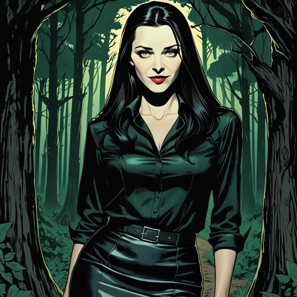Confident Woman in Dark Outfit in Mysterious Forest Comic Art