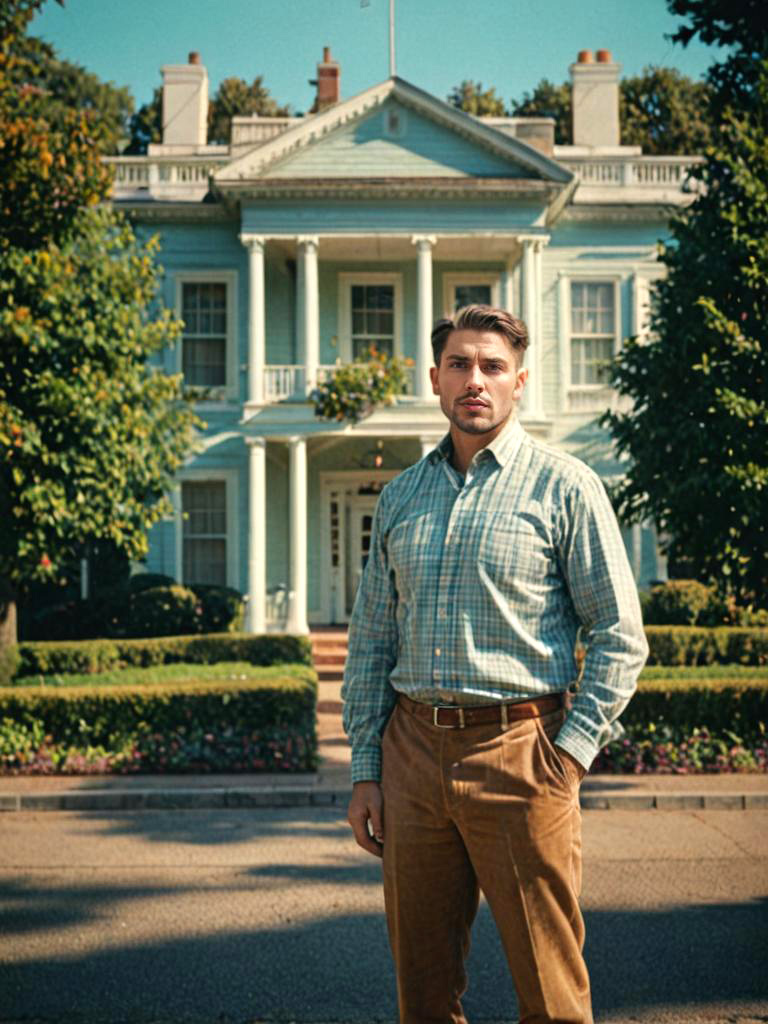 Confident Man in Front of Vintage Mansion