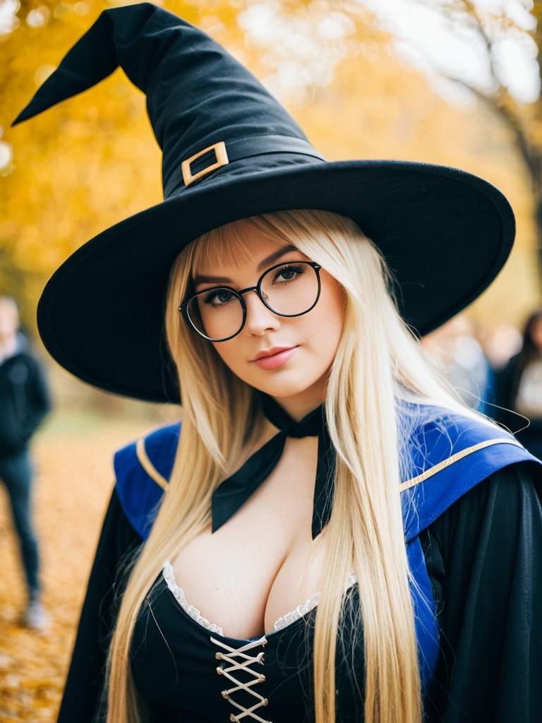 Blonde Woman in Witch Cosplay Costume with Glasses and Autumn Background