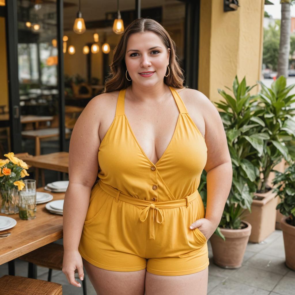 Confident Woman in Chic Yellow Outfit at Cafe