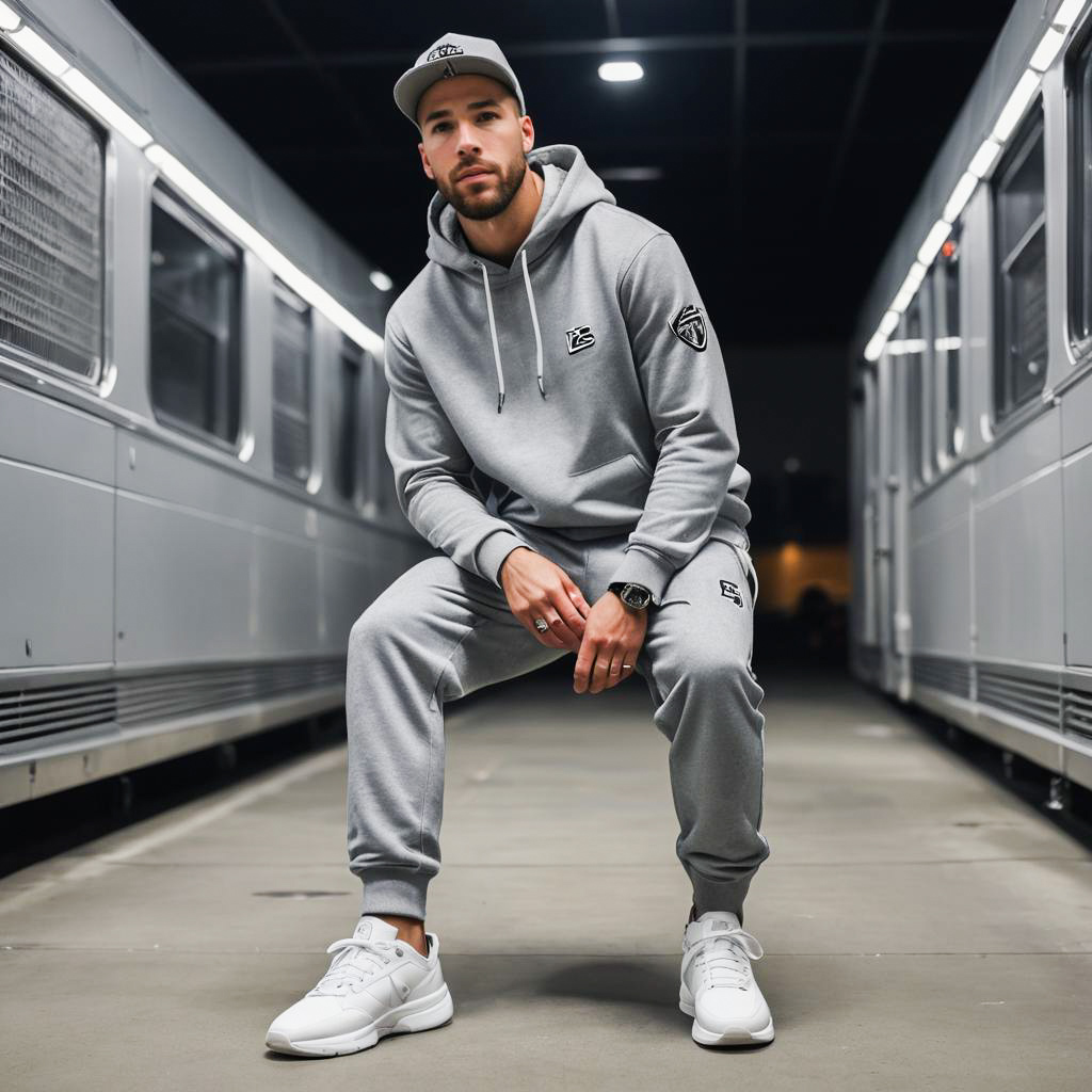 Stylish man in gray tracksuit at urban train station