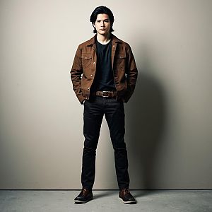 Casual Full-Body Portrait of Young Man in Brown Jacket and Black Pants