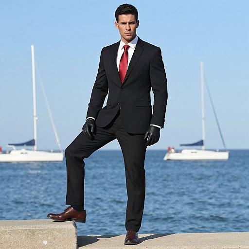 Man in Black Suit and Red Tie by Waterfront with Sailing Boats