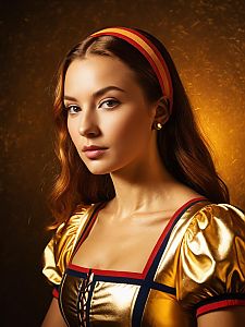 Woman in Golden Vintage-Inspired Costume with Striped Headband