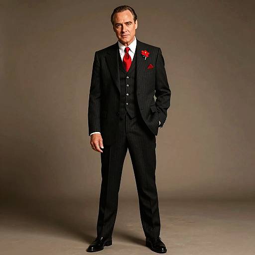 Elegant Man in Black Pinstripe Three-Piece Suit with Red Tie and Flower Lapel