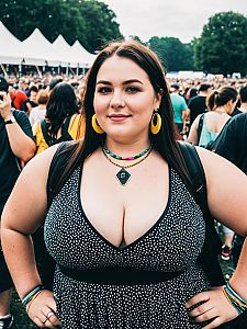 Plus Size Woman in Polka Dot EDM Festival Outfit with Yellow Hoop Earrings