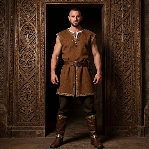 Medieval Warrior Man in Brown Tunic with Ornate Wooden Background