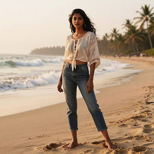 Young Woman in Bohemian Style Outfit on Beach at Sunset