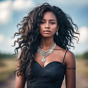 Confident woman in black dress with curly hair outdoors