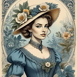 Elegant Woman in Blue Dress with Floral Accents