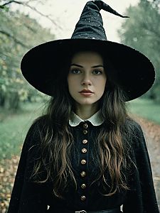 Woman in Traditional Witch Costume with Black Pointed Hat Outdoors