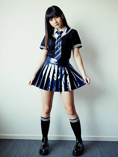 Woman in Latex Schoolgirl Costume with Pleated Skirt and Tie Full Body Cosplay