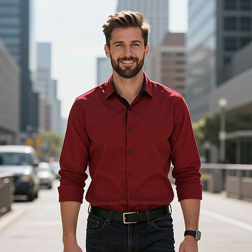 Confident Man in Red Shirt Walking in Urban Cityscape