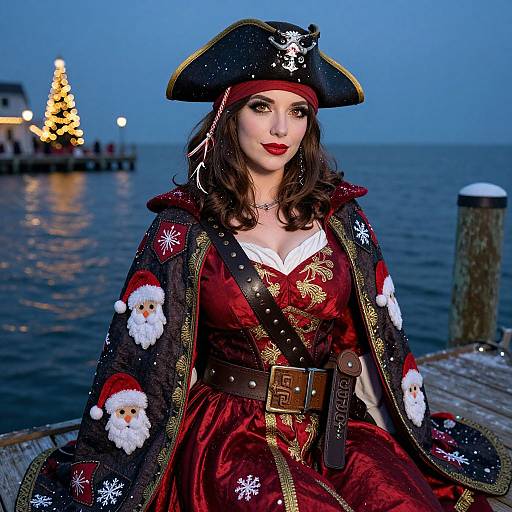 Festive Pirate Woman in Christmas-Themed Costume by Waterfront