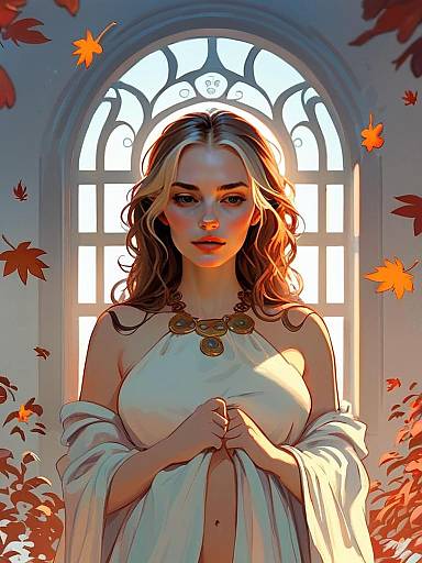 Elegant Woman in White Draped Garment with Autumn Leaves Digital Art