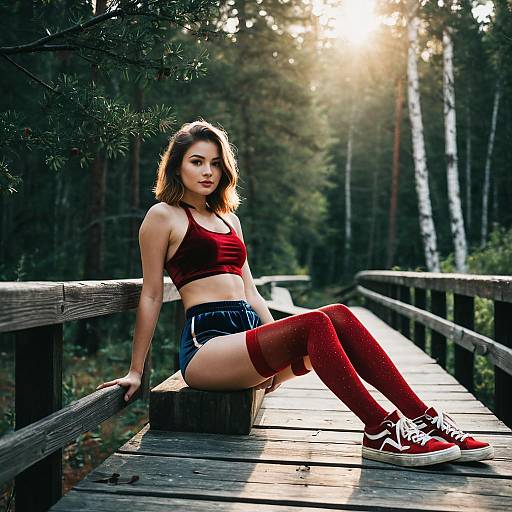 Young Woman Sitting on Wooden Bridge in Forest Wearing Red Sporty Outfit