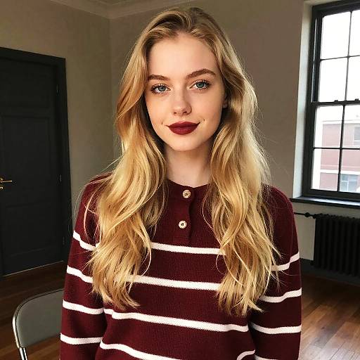 Blonde Woman Wearing Maroon Striped Sweater in Indoor Natural Light