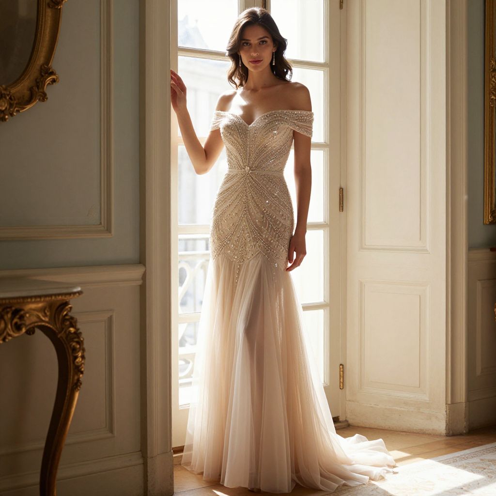 Elegant Woman in Beaded Off-Shoulder Evening Gown by Window