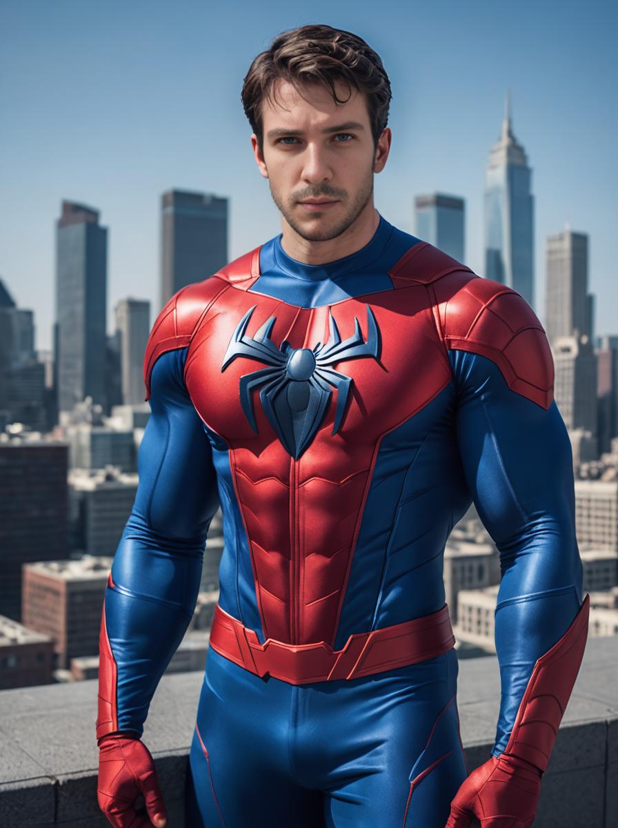 Heroic Figure in Superhero Costume Against City Skyline