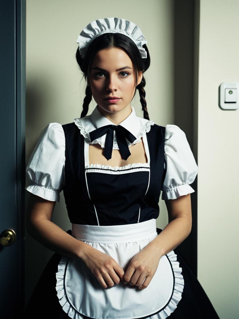 Woman in Lockable Maid Costume Waist-Up Editorial Portrait
