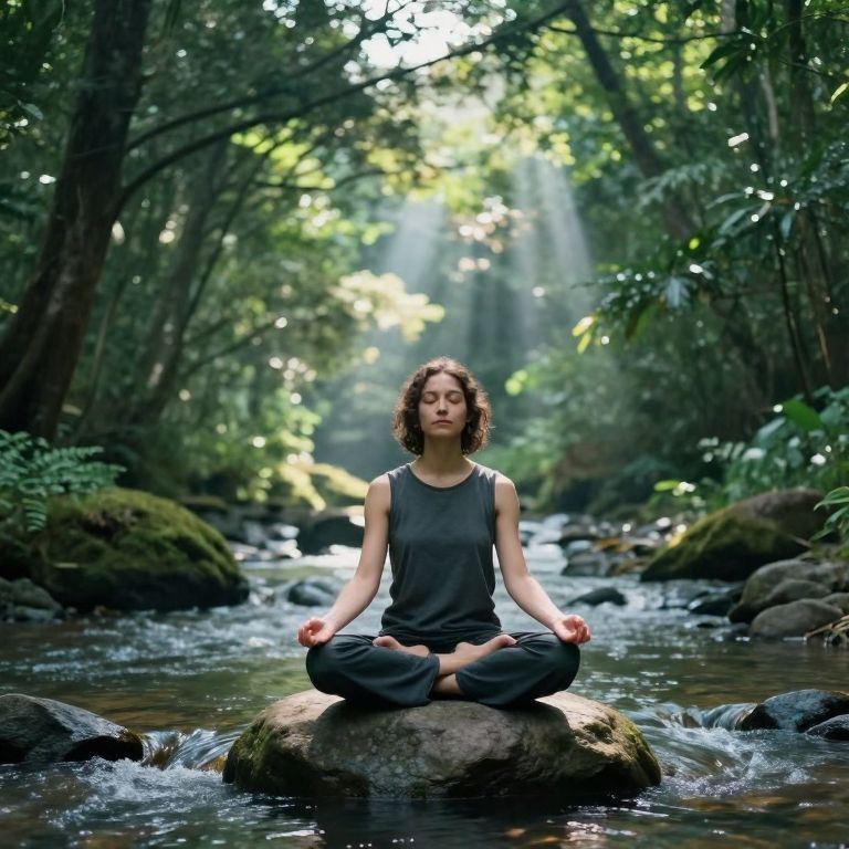 Woman Meditating on Rock in Stream Amidst Green Forest