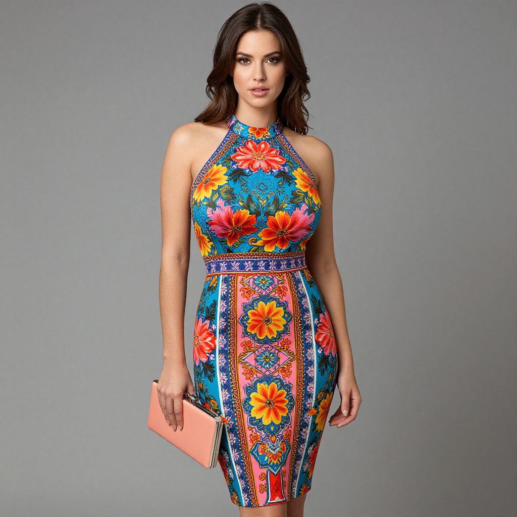 Woman in Vibrant Floral Halter Neck Dress Holding Peach Clutch