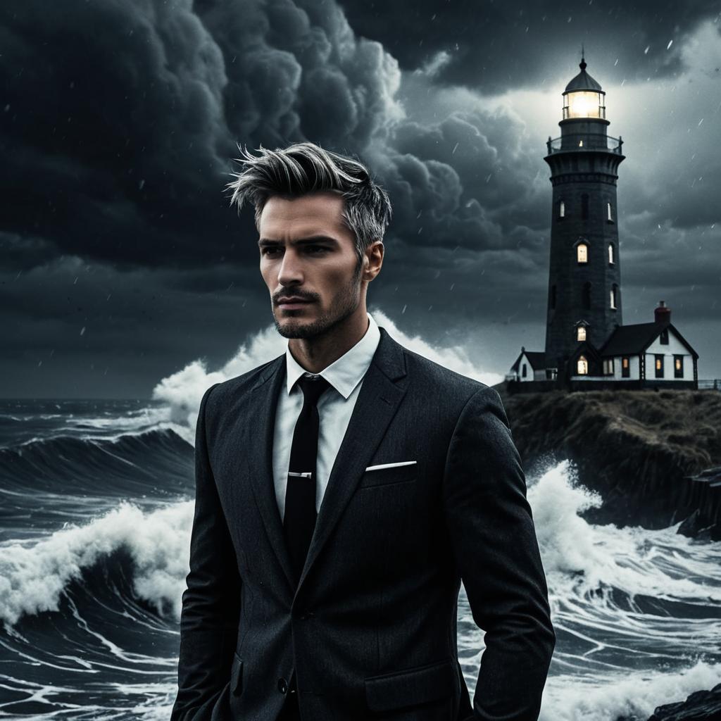 Man in Suit Against Stormy Sea and Lighthouse
