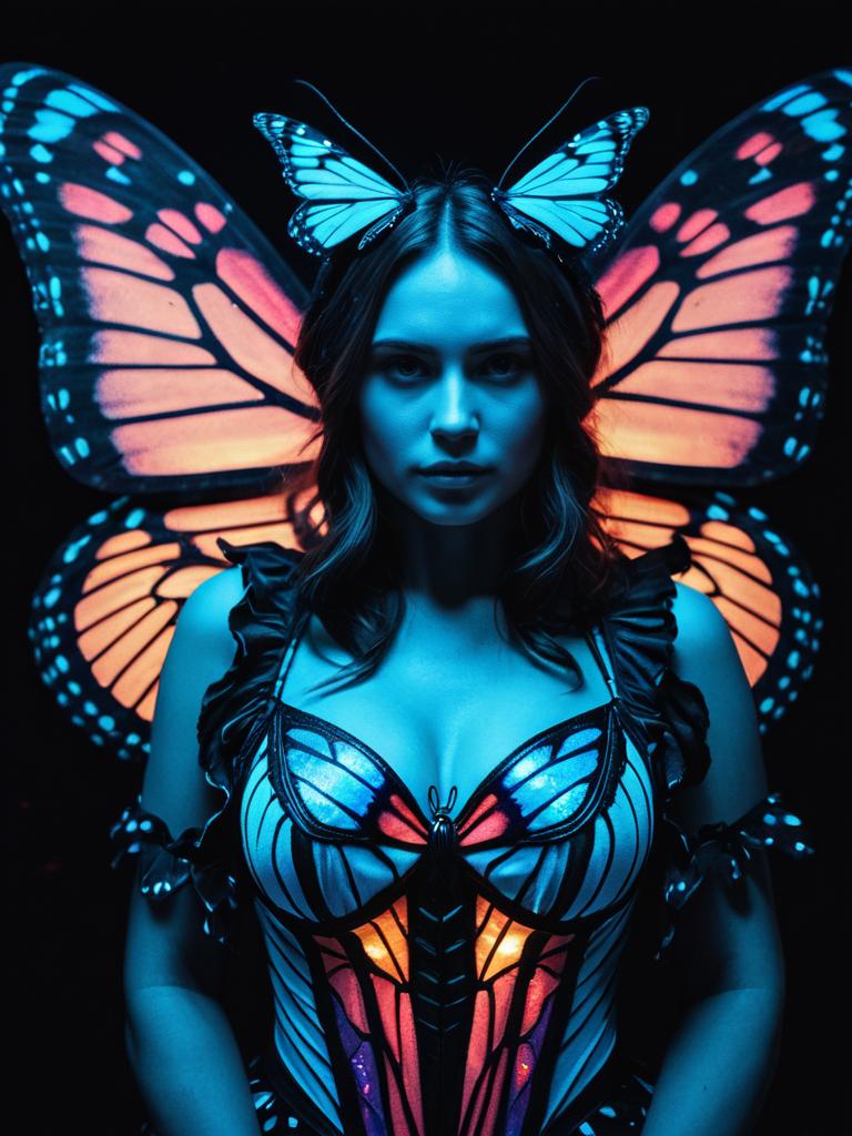 Woman in Glowing Butterfly Costume Cinematic Realism Fantasy Portrait